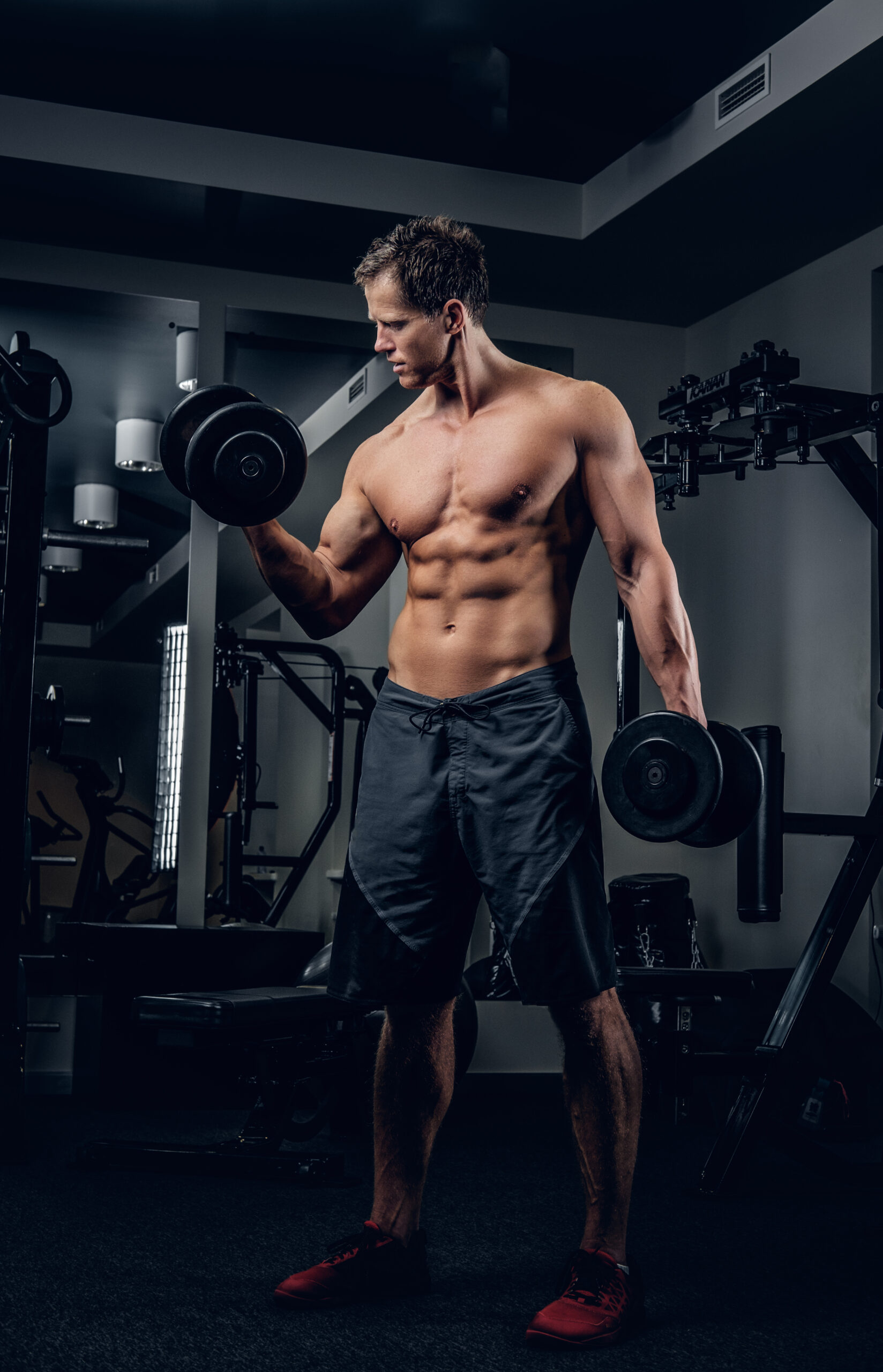 Full body portrait of athletic shirtless male doing biceps workouts with dumbbells in a gym club.